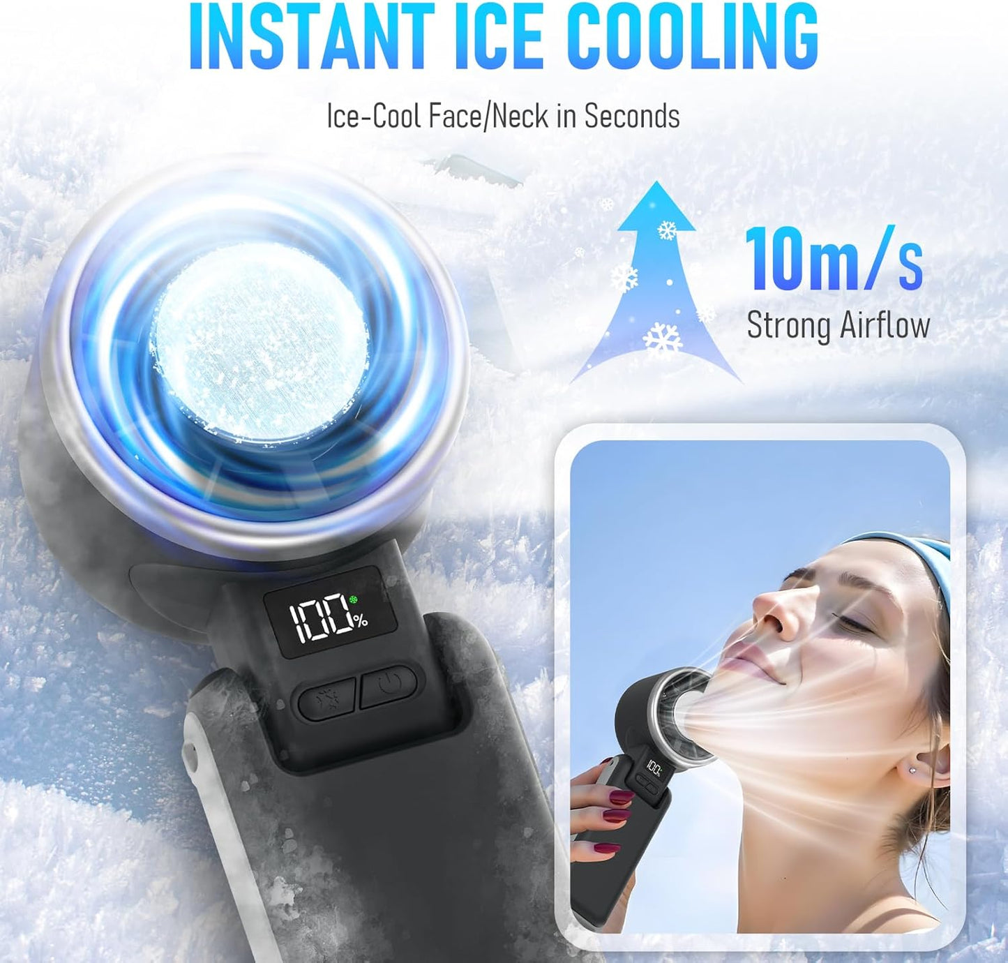 Portable Handheld Turbo Fan with Ice Cooling, Rechargeable Personal Fan, up Tp 12Hrs Cooling, 5 Speed 25550RPM Powerful Portable Fan for Travel, Outdoor, Camping, Hiking (Black)